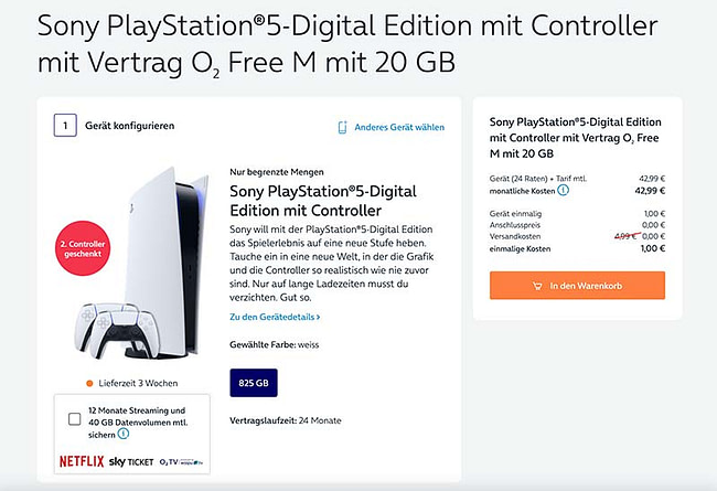 Bundle-Angebot: o2 Free M + Sony Playstation 5 Digital Edition mit zwei Controller