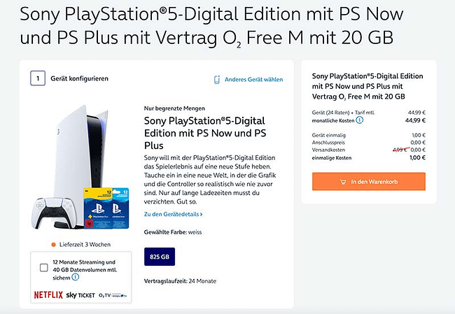 Bundle-Angebot: o2 Free M + Sony Playstation 5-Digital Edition mit PS Now- und PS Plus-Abo