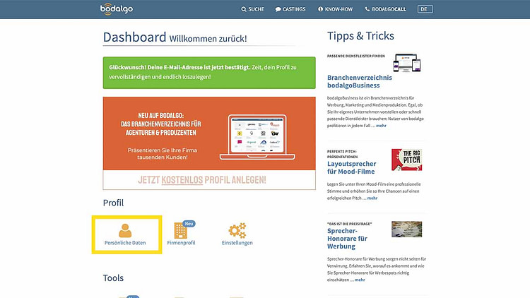 Screenshot bodalgo.com Casting Dashboard, persönliche Daten anlegen