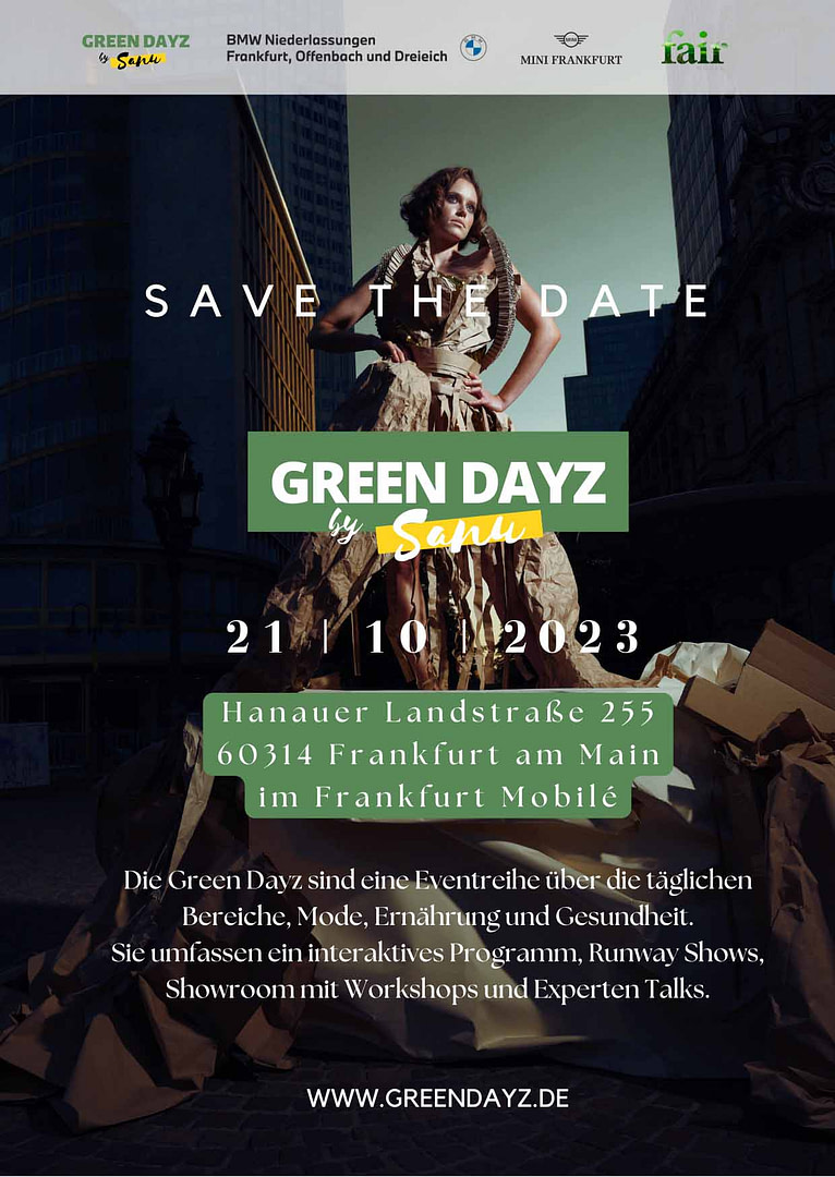 Green Dayz by Sanu 2023 Programm Seite 1 © Sanu Sara Durmaz / Modedesignerin Janina Grimminger / Fotograf Per Schorn